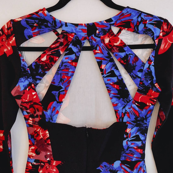 Parker | Black & Floral Cage-Back Long Sleeve Bodycon Mini Dress - Picture 7 of 12